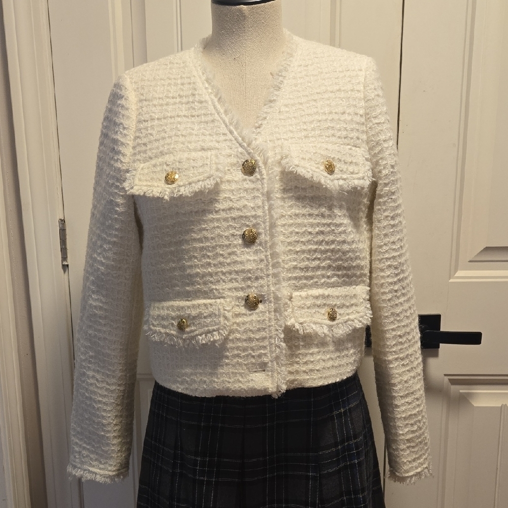 J. Crew White Tweed Blazer Ladies Jacket with Gold Buttons NWT Size 6